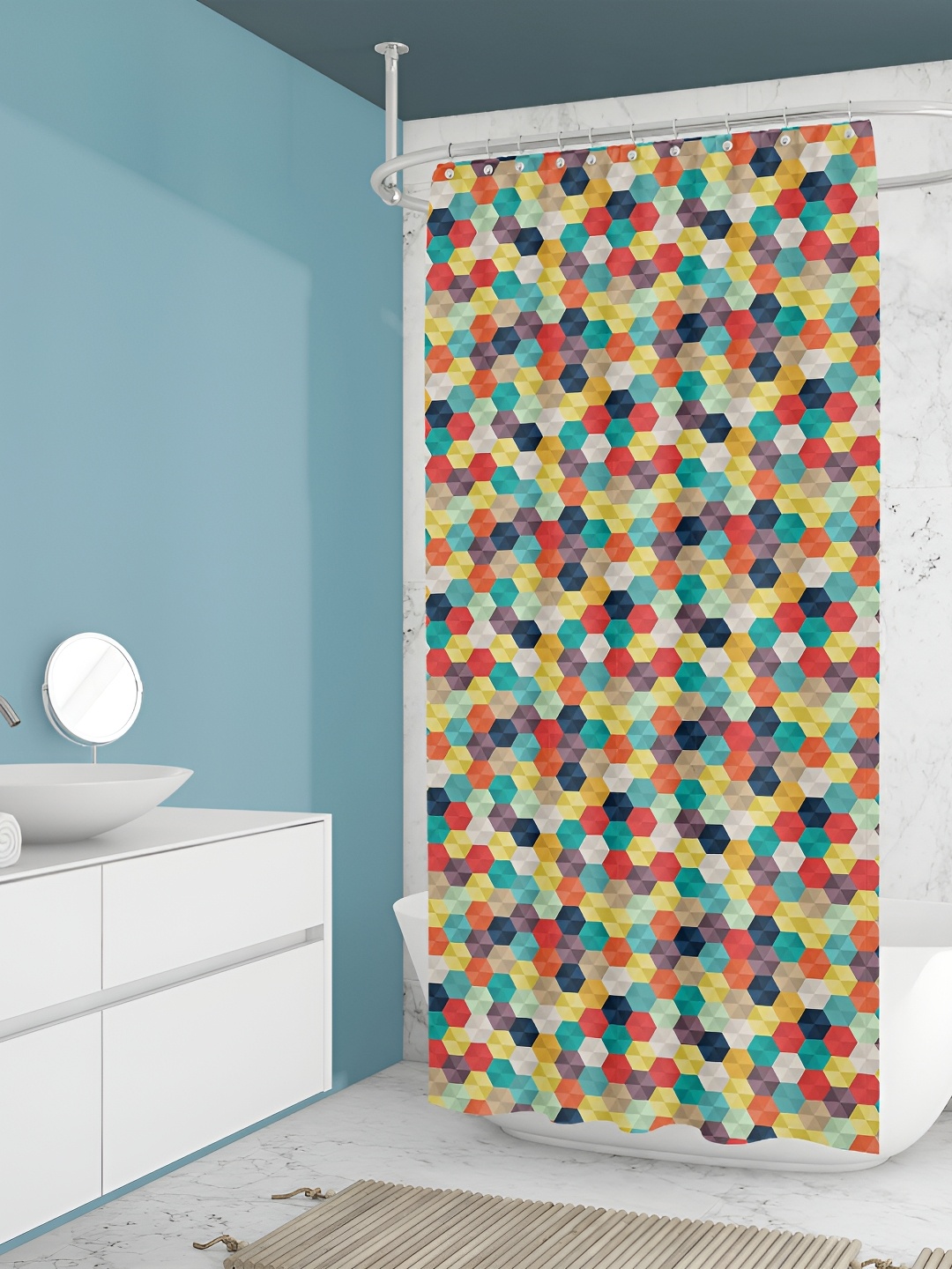 

ArtzFolio Blue & Yellow Geometric Printed Water Proof Shower Curtain