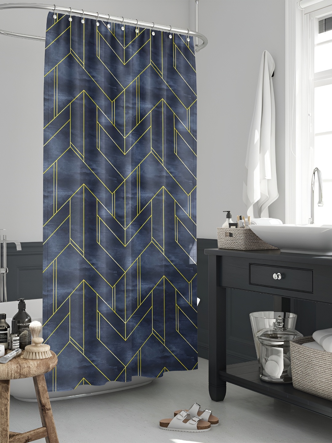 

ArtzFolio Navy Blue & Yellow Printed Waterproof Shower Curtains