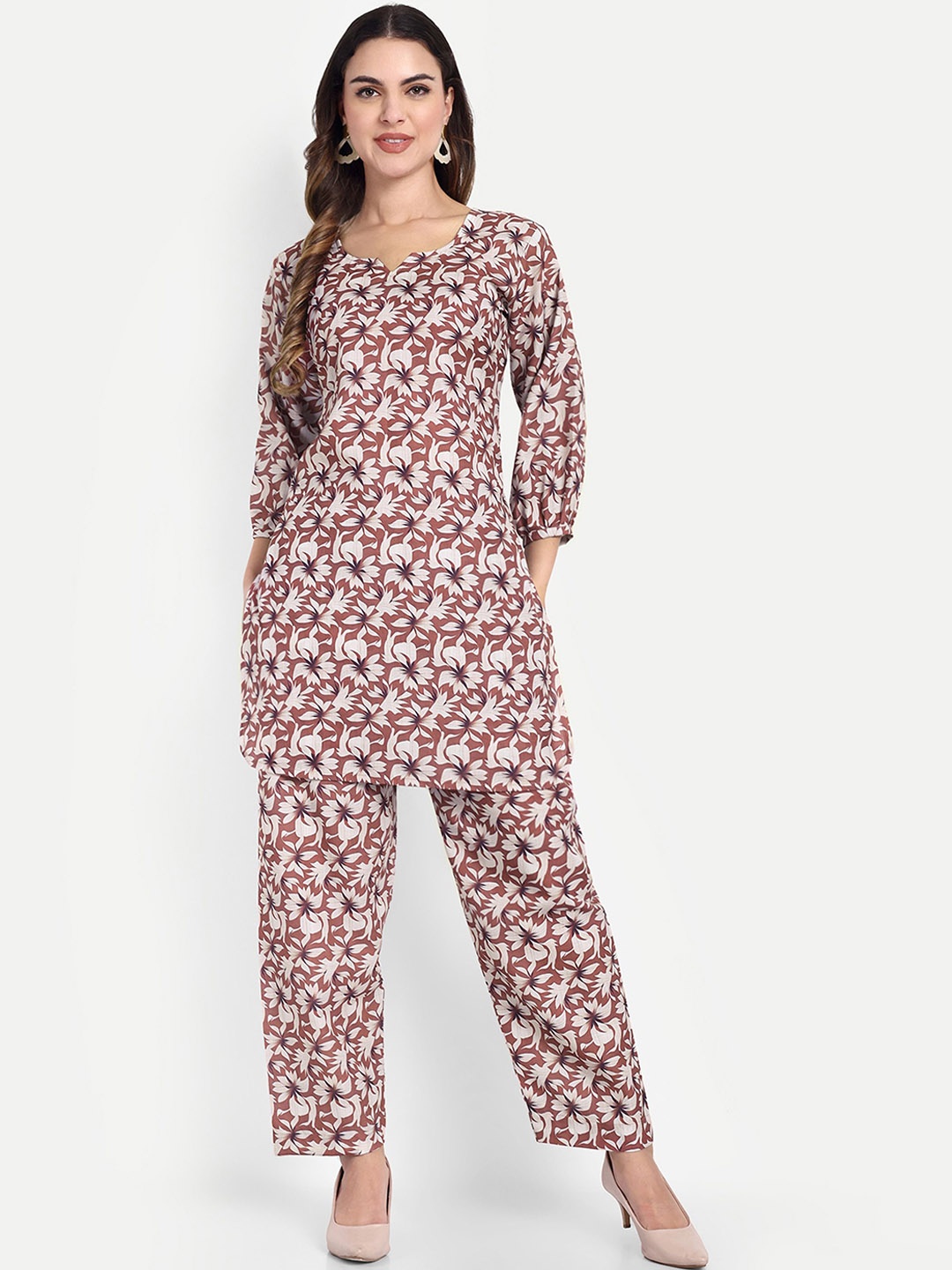 

TILISM Floral Printed Pure Cotton Tunic With Trousers, Brown