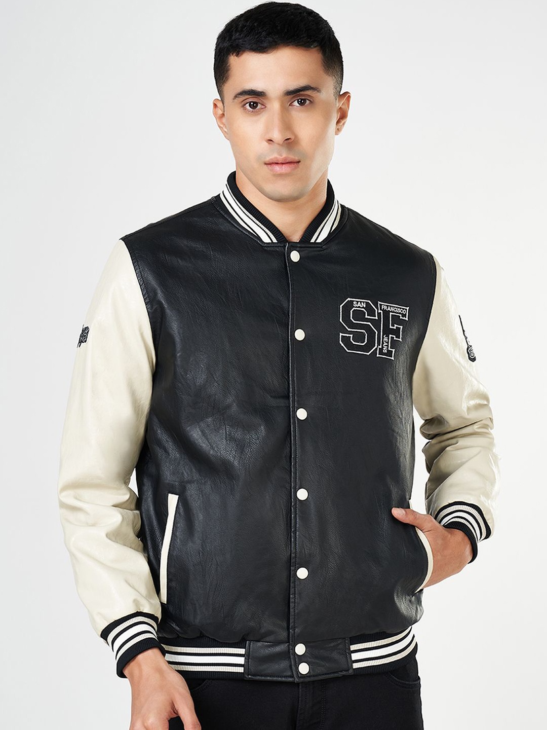 

SF JEANS by Pantaloons Men Crop Bomber with Patchwork Jacket, Black