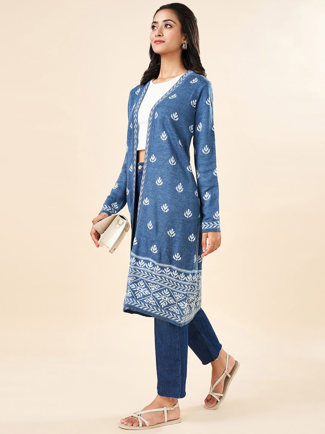 

RANGMANCH BY PANTALOONS Floral Printed Open Front Longline Shrug, Blue