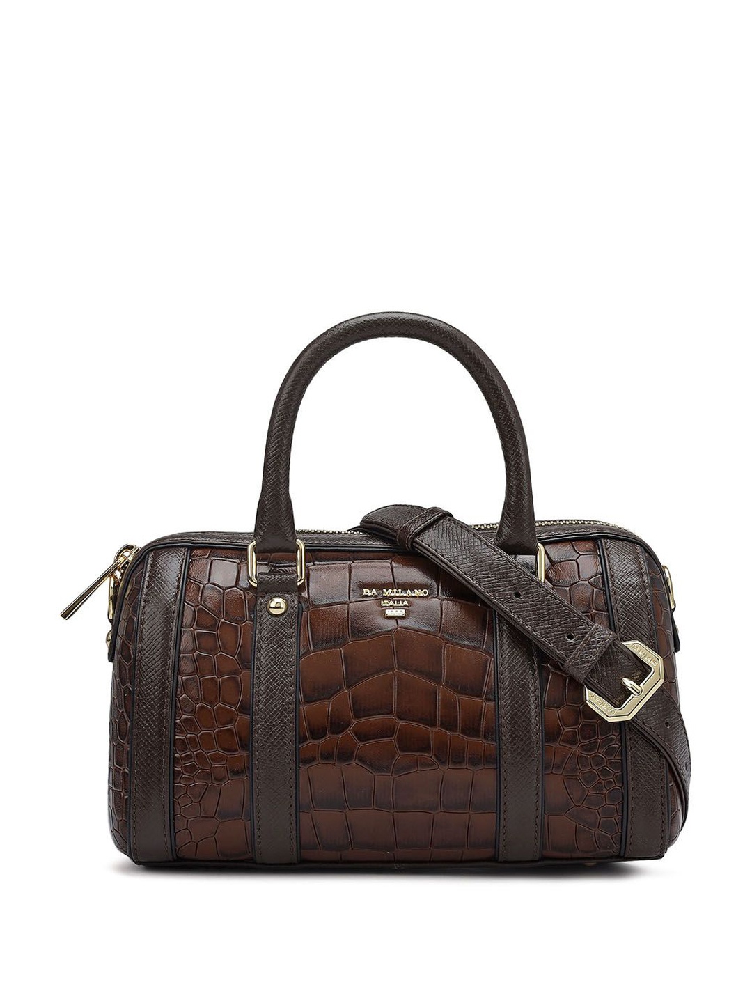 

Da Milano Textured Leather Bowling Satchel with Cut Work, Brown