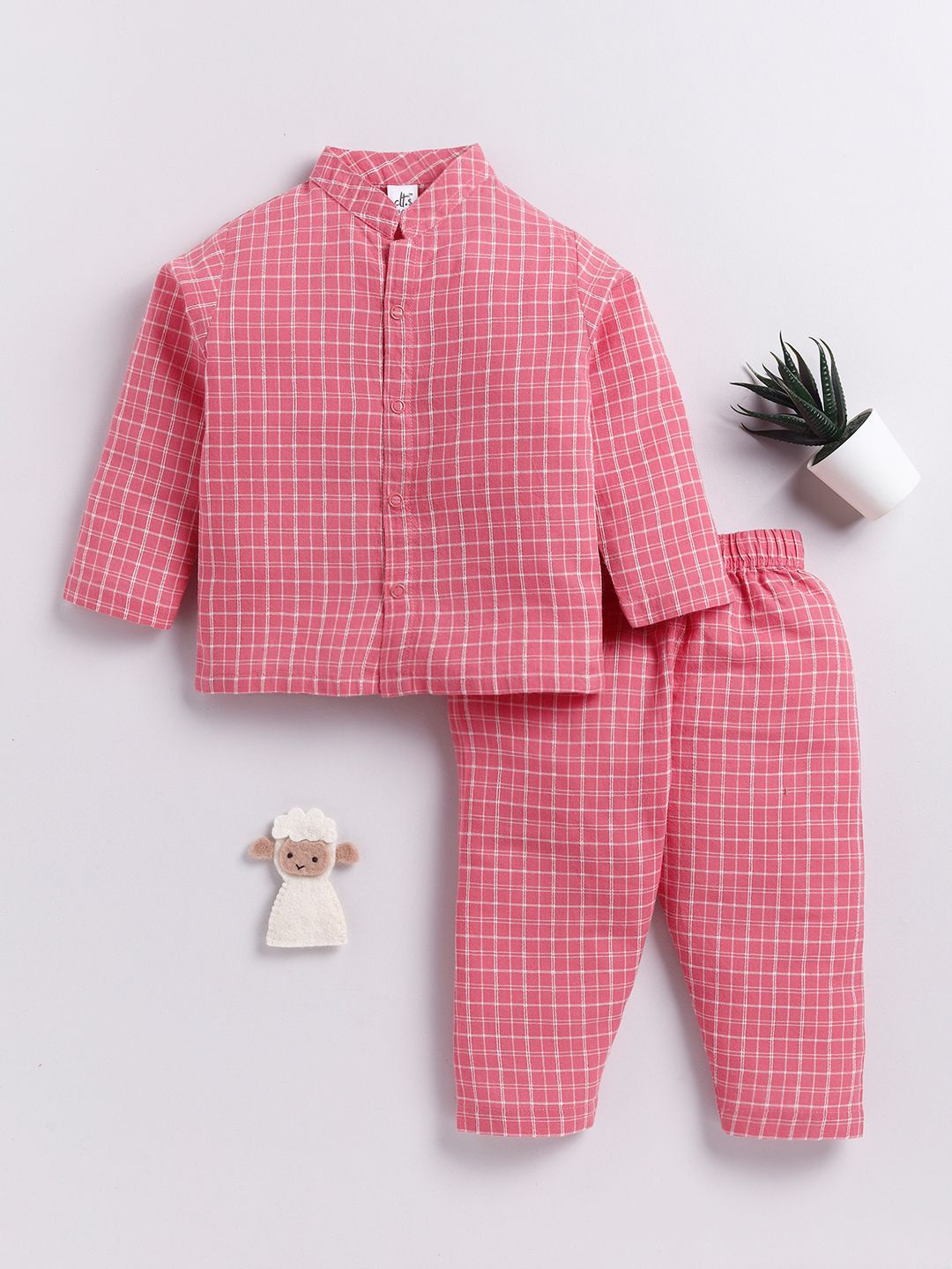 

Clt.s Kids - Unisex Checked Printed Pure Cotton Shirt Collar Night suit, Coral