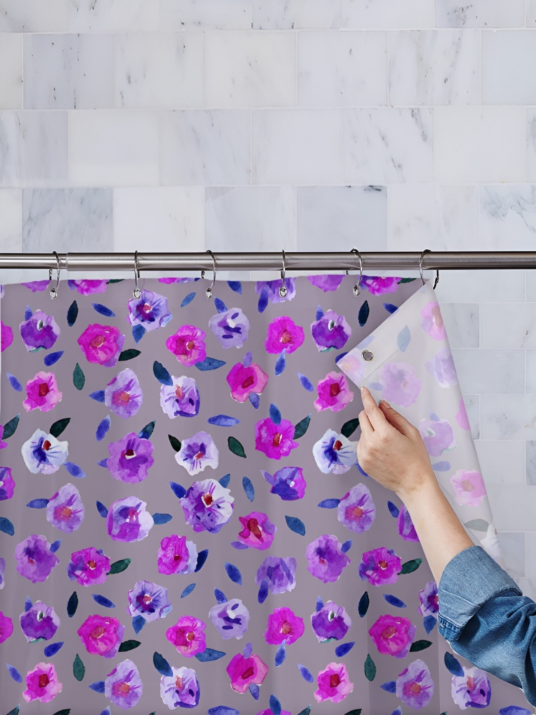 

ArtzFolio Purple & Gey Floral Printed Waterproof Shower Curtain, Grey