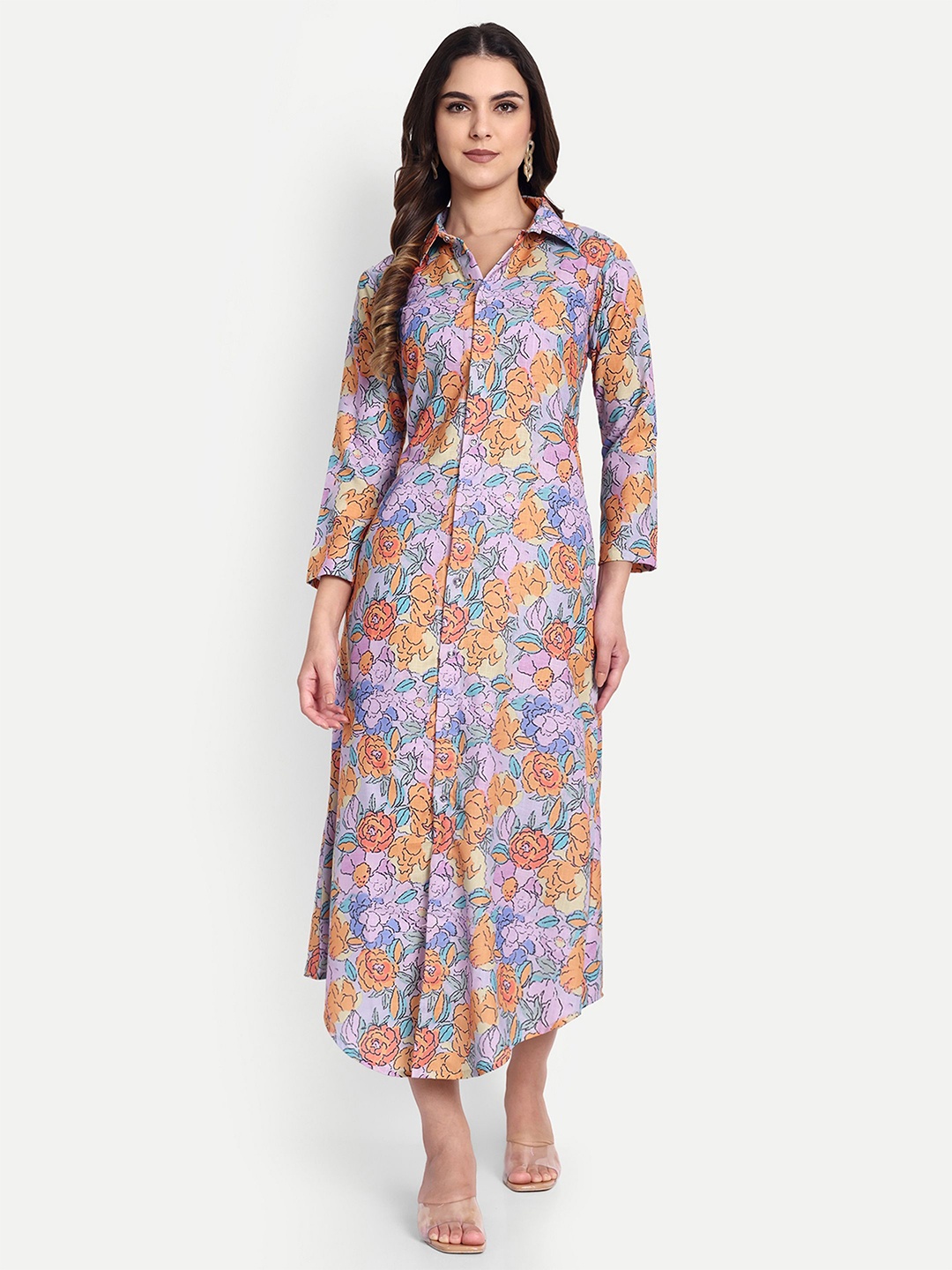 

TILISM Cotton Floral Printed Shirt Collar Shirt Midi Dress, Purple