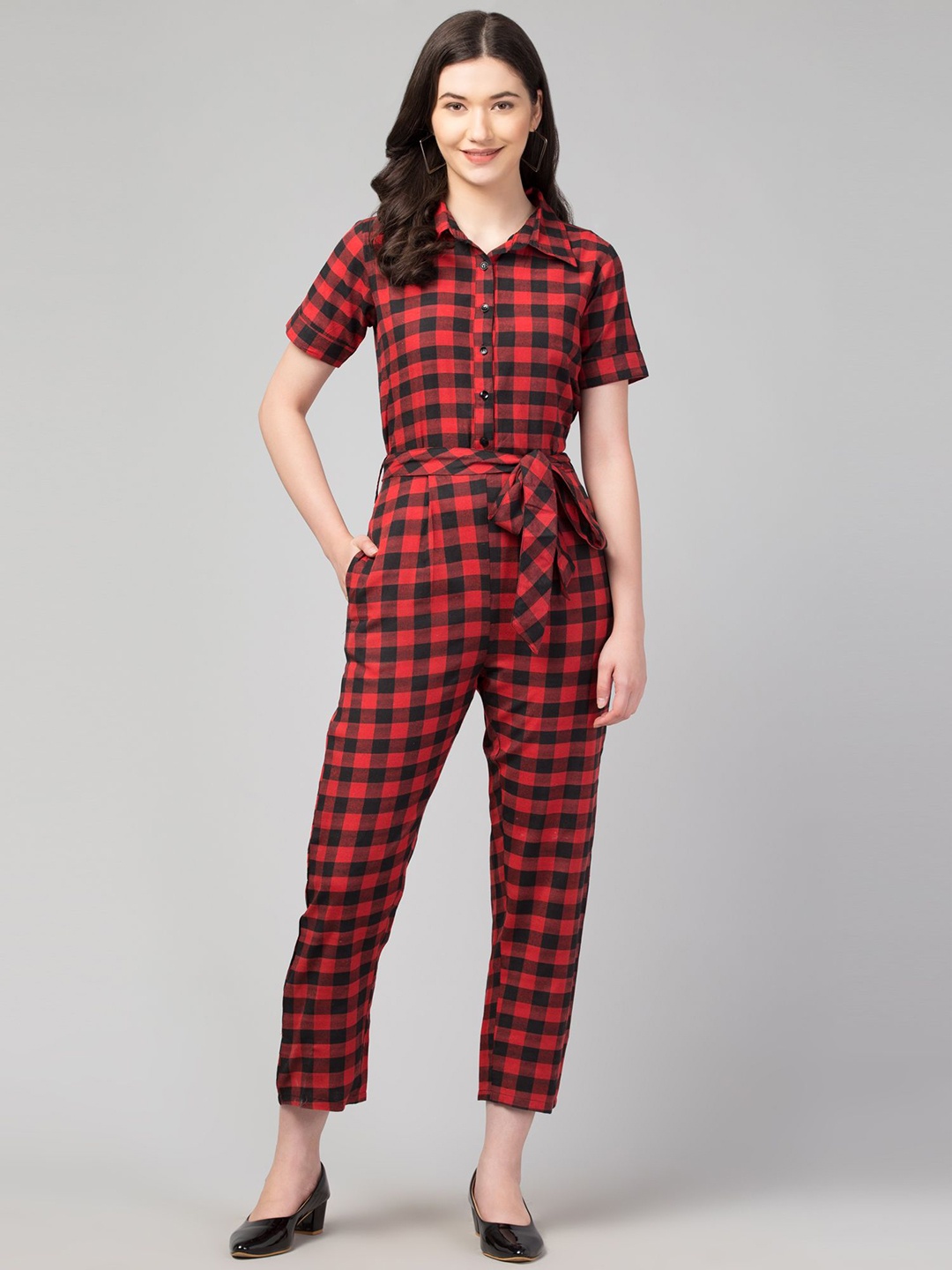 

Zuvino Women Checked Basic Jumpsuit, Red