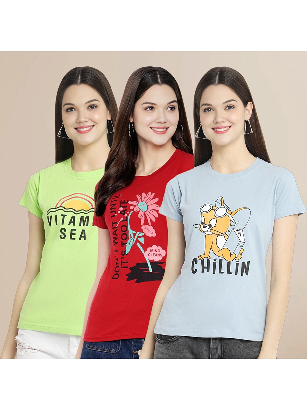 

Metronaut Women Pack Of 3 Graphic Printed Round Neck Cotton Tom & Jerry T-shirts, Green