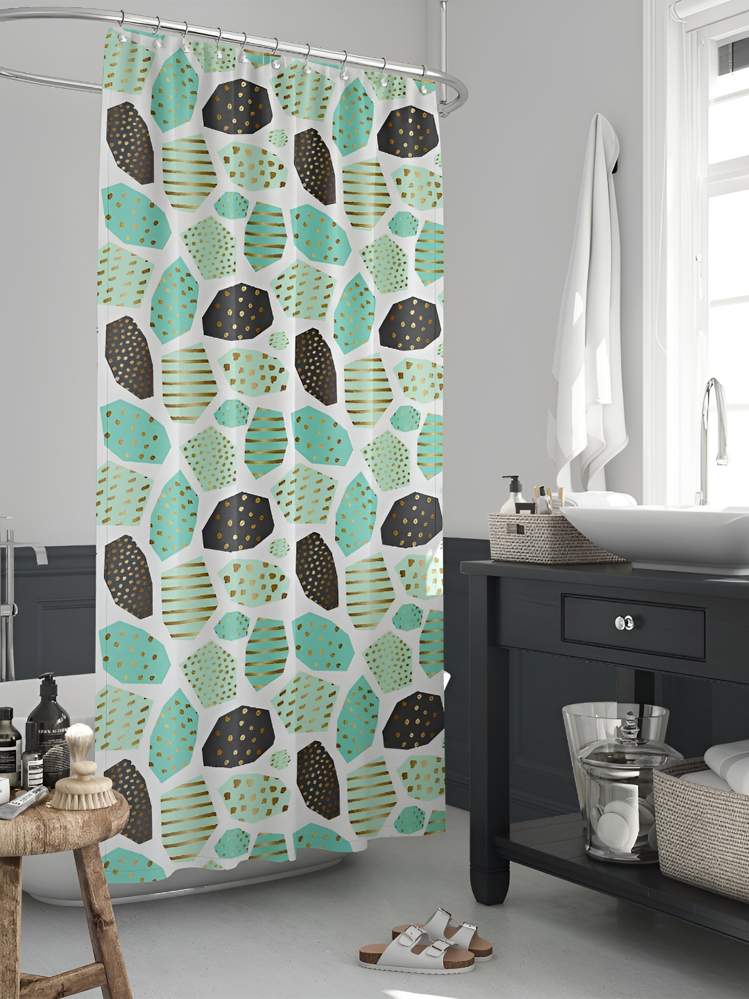 

ArtzFolio Green & White Printed Waterproof Shower Curtain