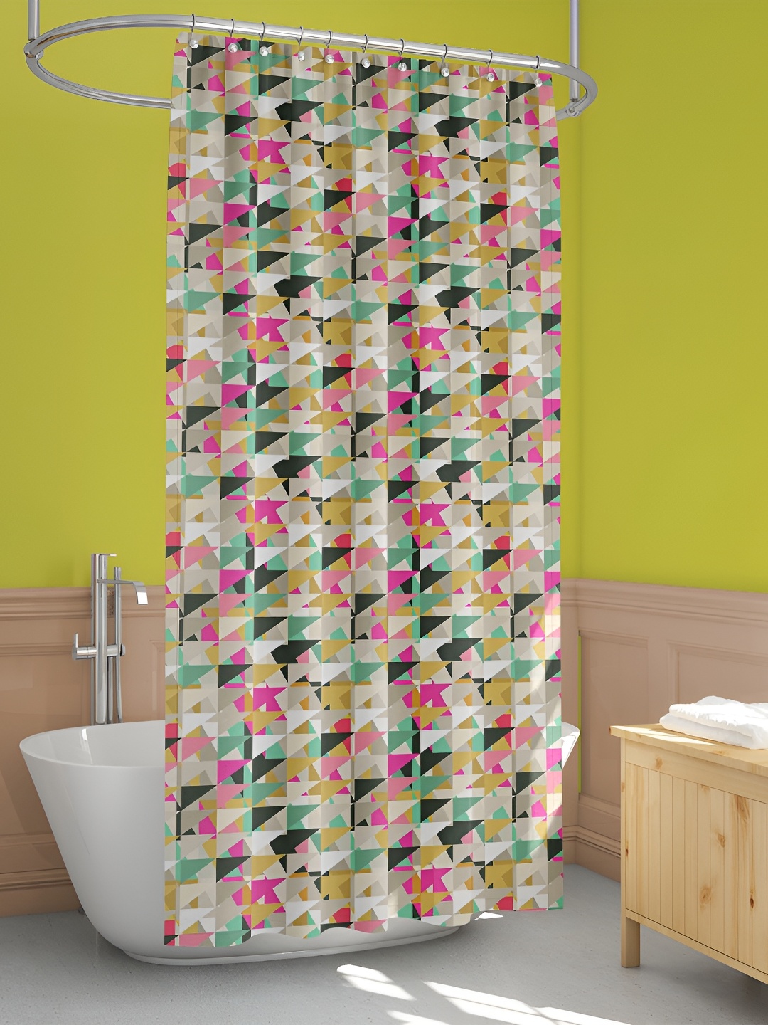 

ArtzFolioOff-White, Pink, Turquoise Blue, Yellow & Teal Printed Waterproof Shower Curtain, Off white