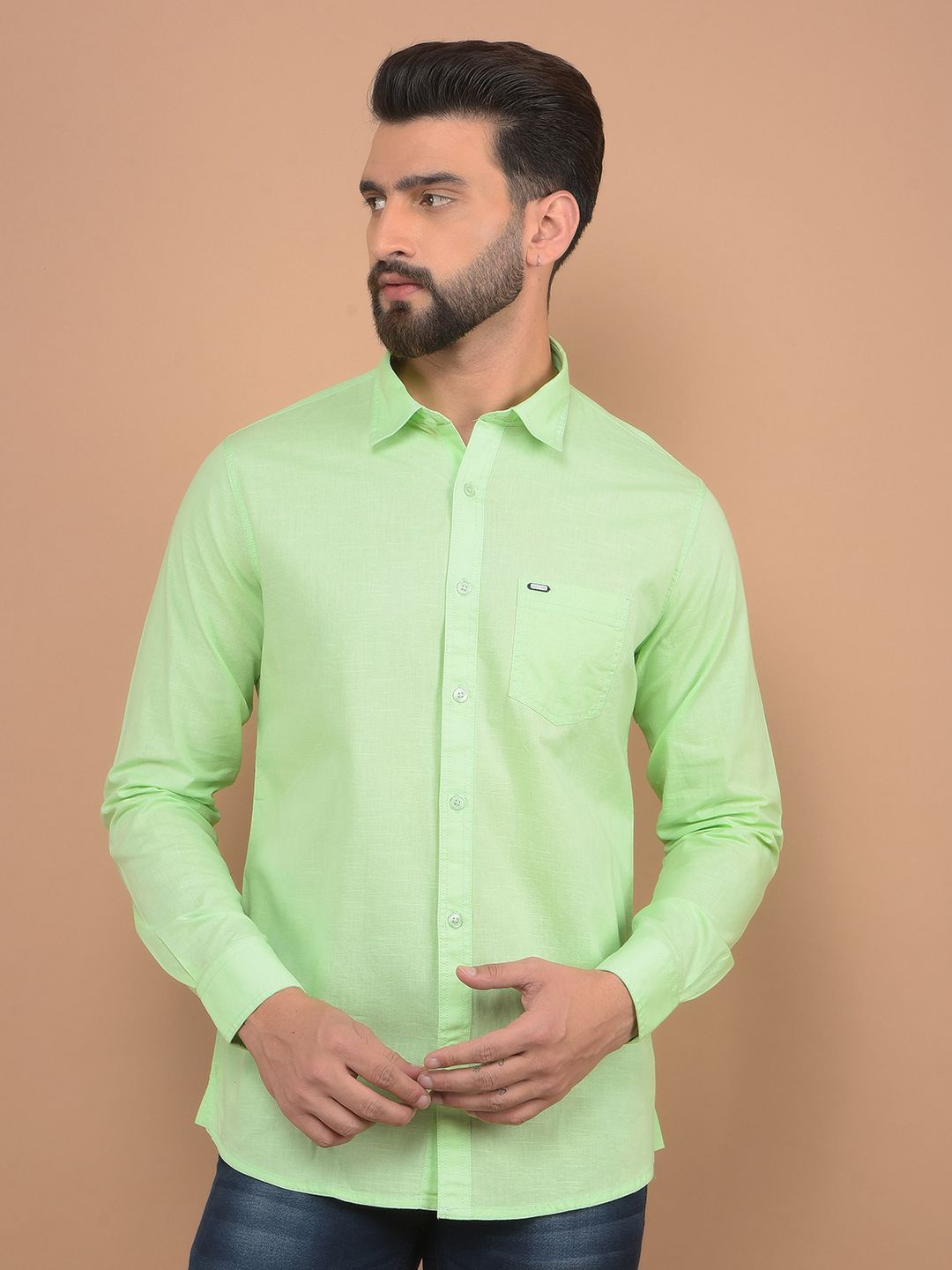 

Canary London Men Smart Spread Collar Solid Cotton Slim Fit Casual Shirt, Green