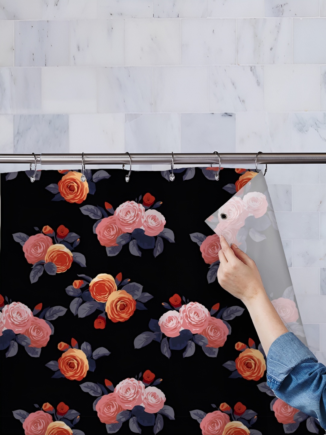 

ArtzFolio Black & Pink Printed Water Proof Shower Curtain