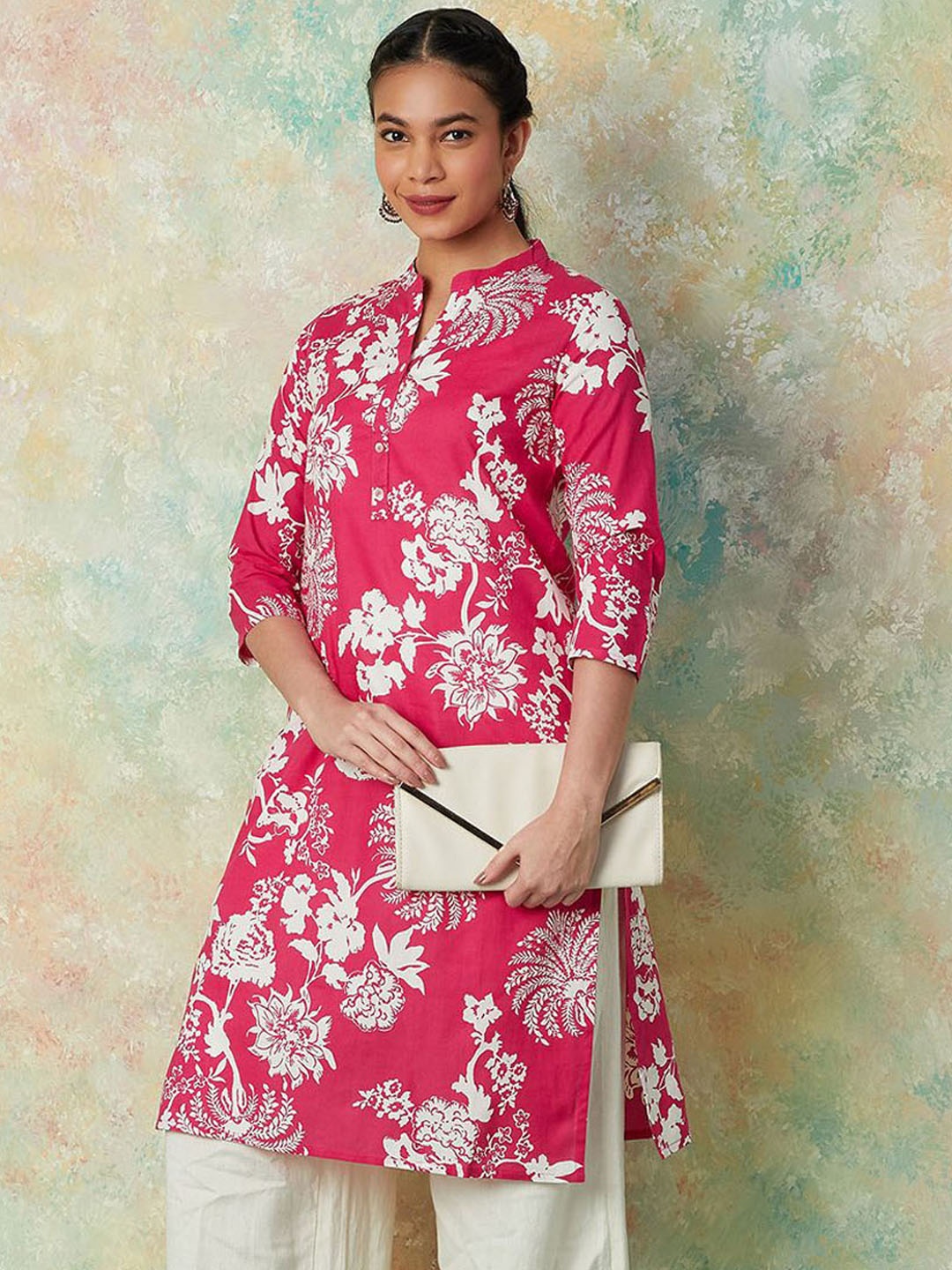 

Melange by Lifestyle Pink Mandarin Collar Floral Printed Cotton Straight Kurta