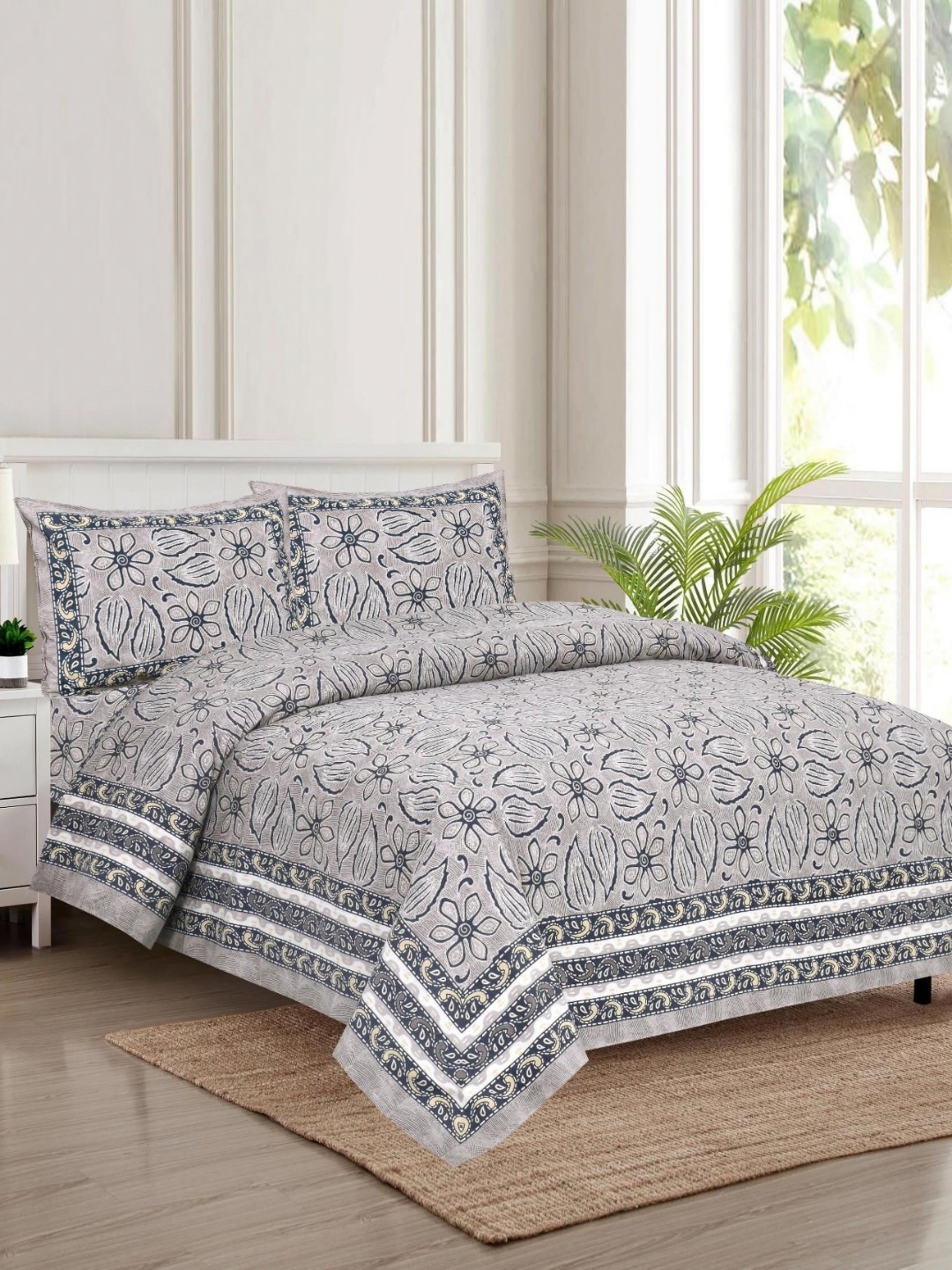 

HOME HEAVENS Blue & Grey 3 Piece Floral Cotton Double Queen Superfine Bedding Set