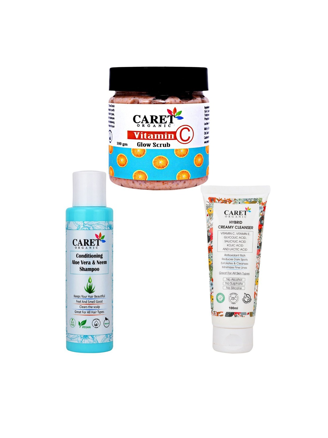 

CARET ORGANIC Set of 3 Scrub with Face Wash & Shampoo, White