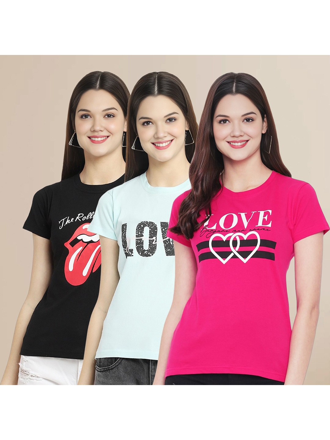 

Metronaut Women Pack Of 3 Typography Printed Round Neck Cotton T-shirts, Black