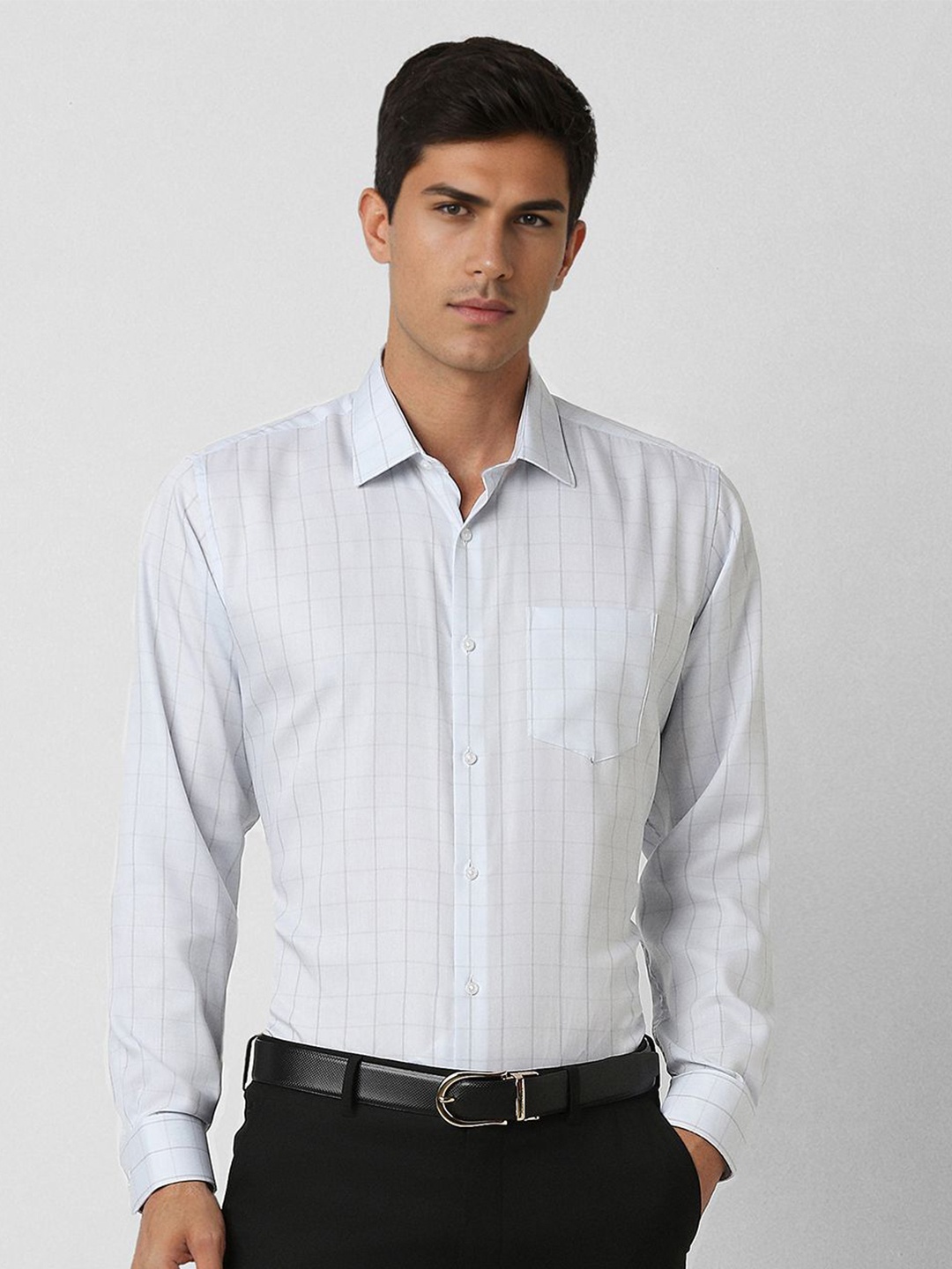 

Van Heusen Men Spread Collar Grid Tattersall Checked Cotton Formal Shirt, White