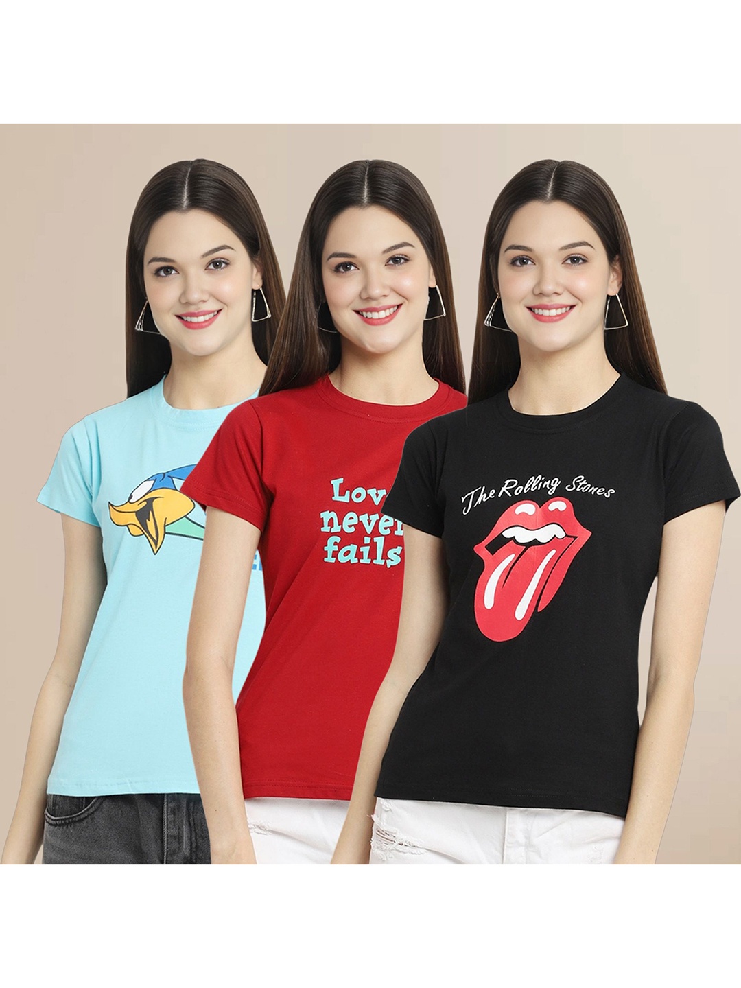 

Metronaut Women Pack Of 3 Graphic Printed Round Neck Cotton Looney Tunes T-shirts, Blue