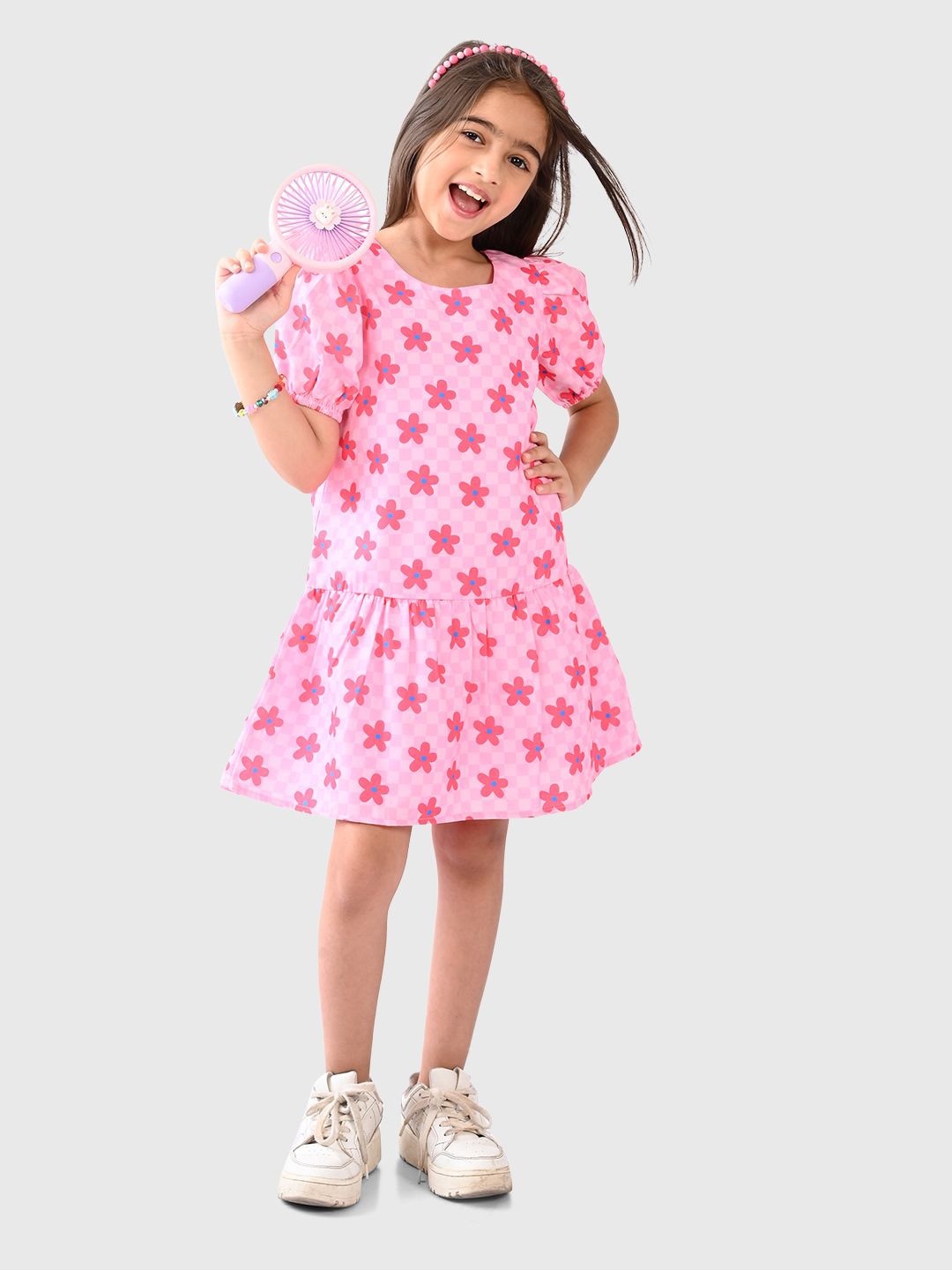 

BONKIDS Girls Floral Printed Cotton Drop-Waist Dress, Pink