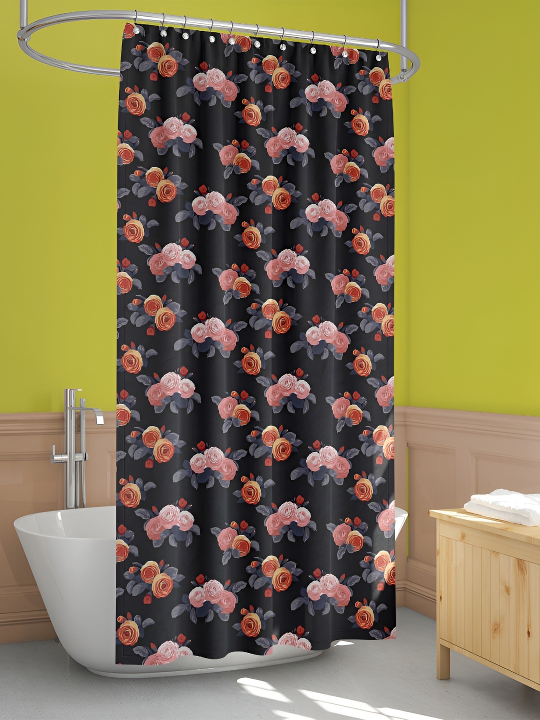 

ArtzFolio Black & Pink Floral Printed Waterproof Shower Curtain
