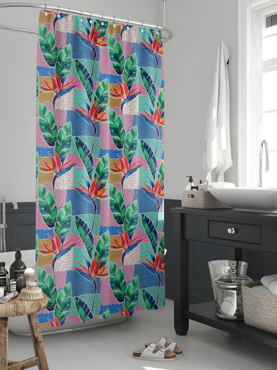 

ArtzFolio Pink & Blue Floral Printed Waterproof Shower Curtain