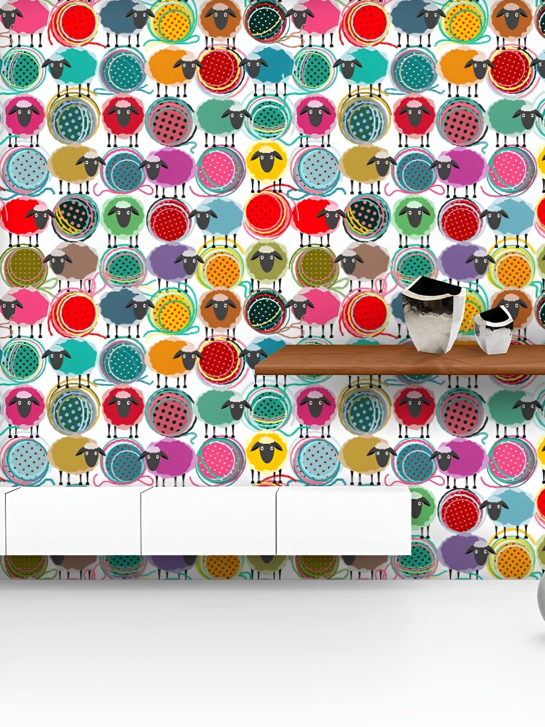 

ArtzFolio Printed UV-Resistant Anti-Bacterial Colorful Sheep And Yarn Balls Peel & Stick Wallpaper, Multi