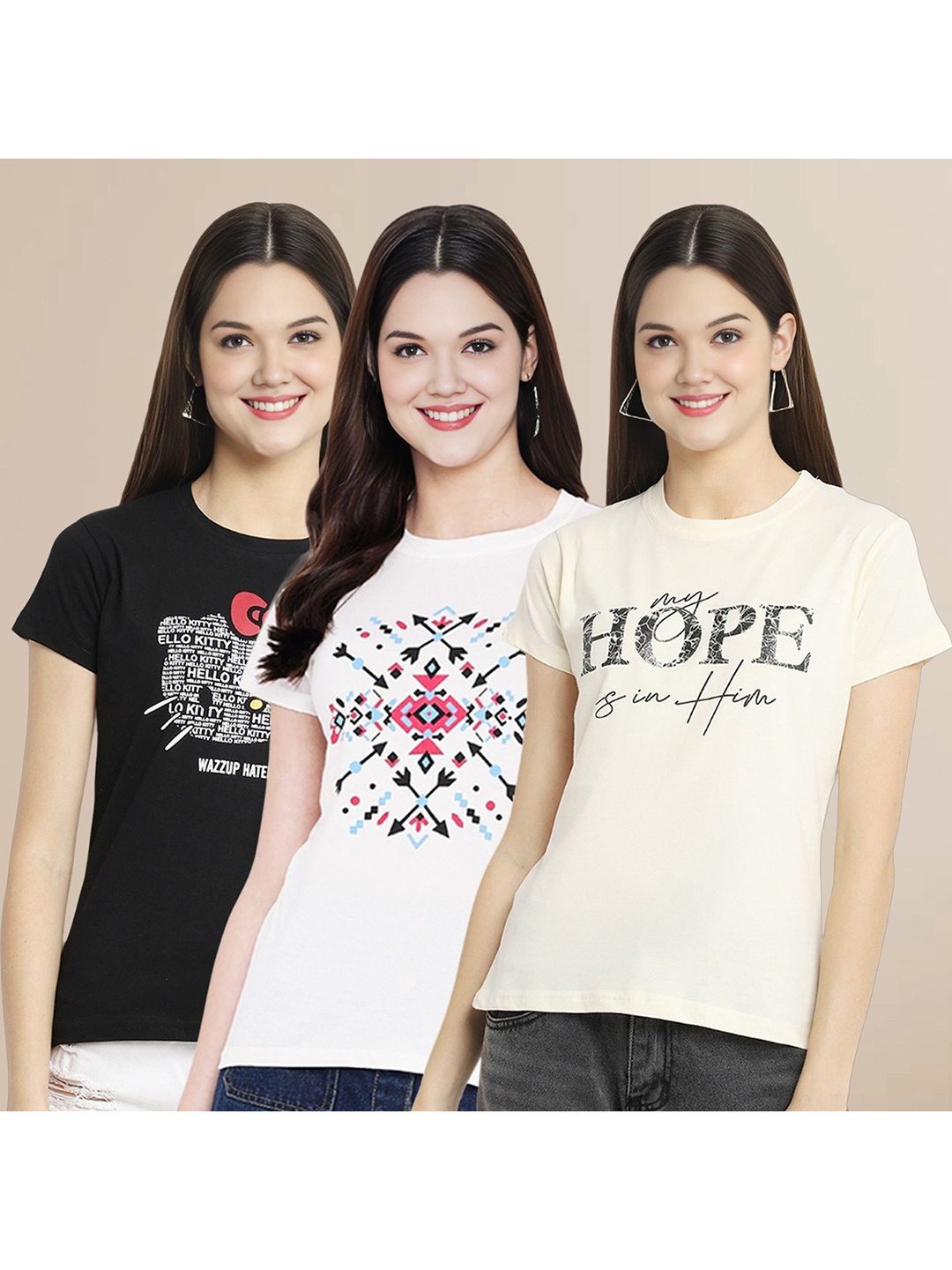 

Metronaut Women Pack Of 3 Typography Printed Round Neck Cotton T-shirts, Black
