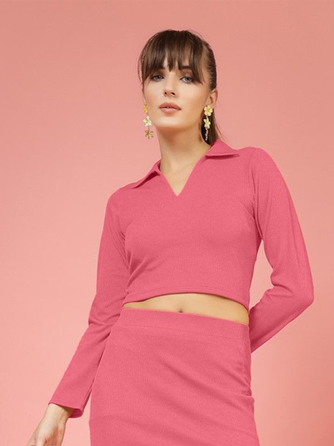 

Oomph! Shirt Style V-Neck Long Sleeves Shirt Style Crop Top, Pink