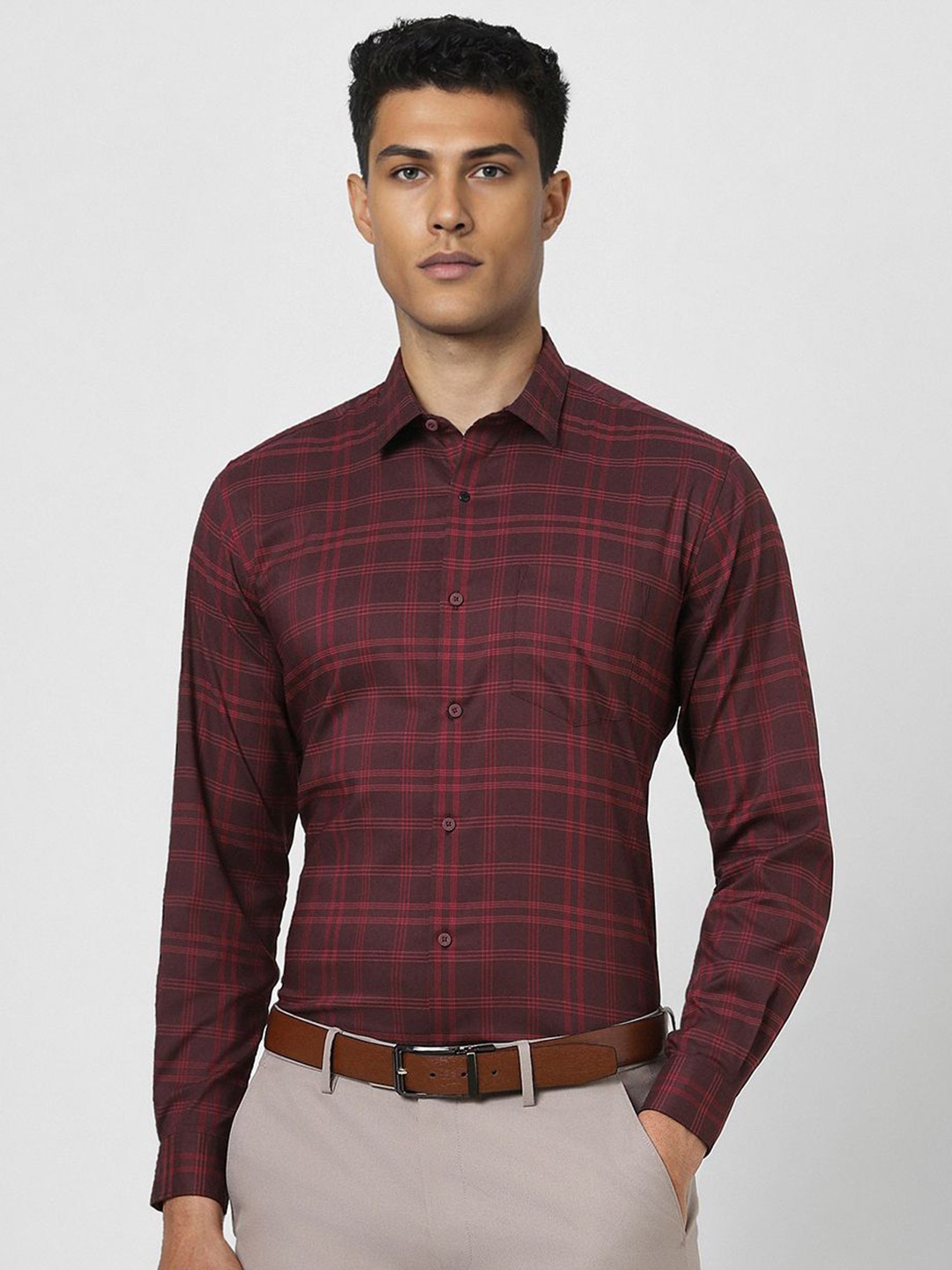 

Van Heusen Men Spread Collar Tartan Checked Cotton Slim Fit Formal Shirt, Maroon