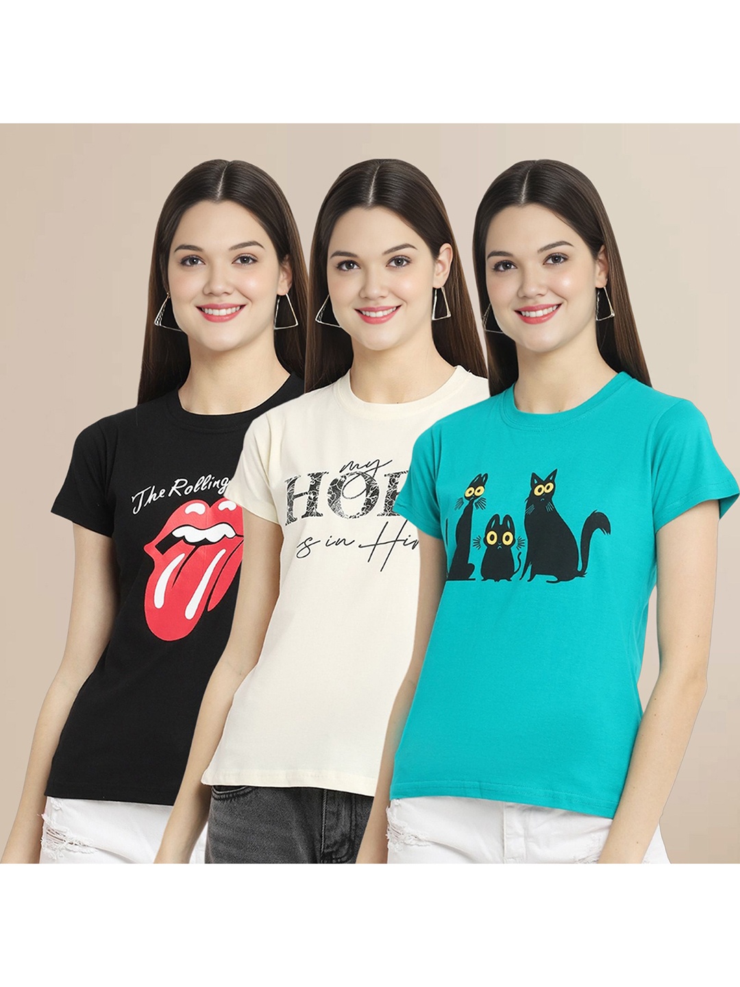 

Metronaut Women Pack Of 3 Typography Printed Round Neck Cotton T-shirts, Black