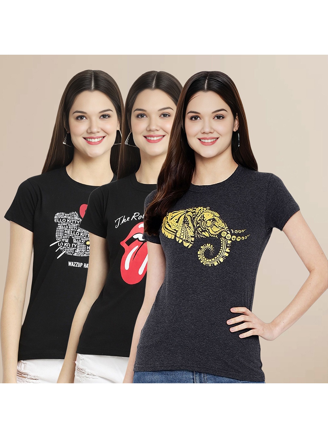 

Metronaut Women Pack Of 3 Typography Printed Round Neck Cotton T-shirts, Charcoal