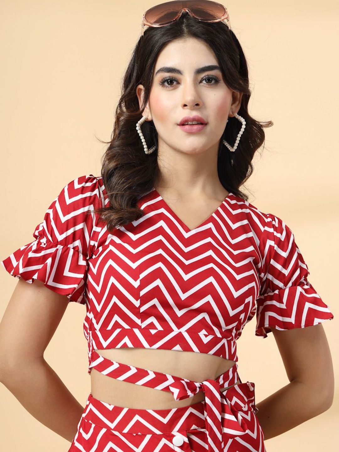 

Oomph! Printed Puff Sleeve Crop Top, Red