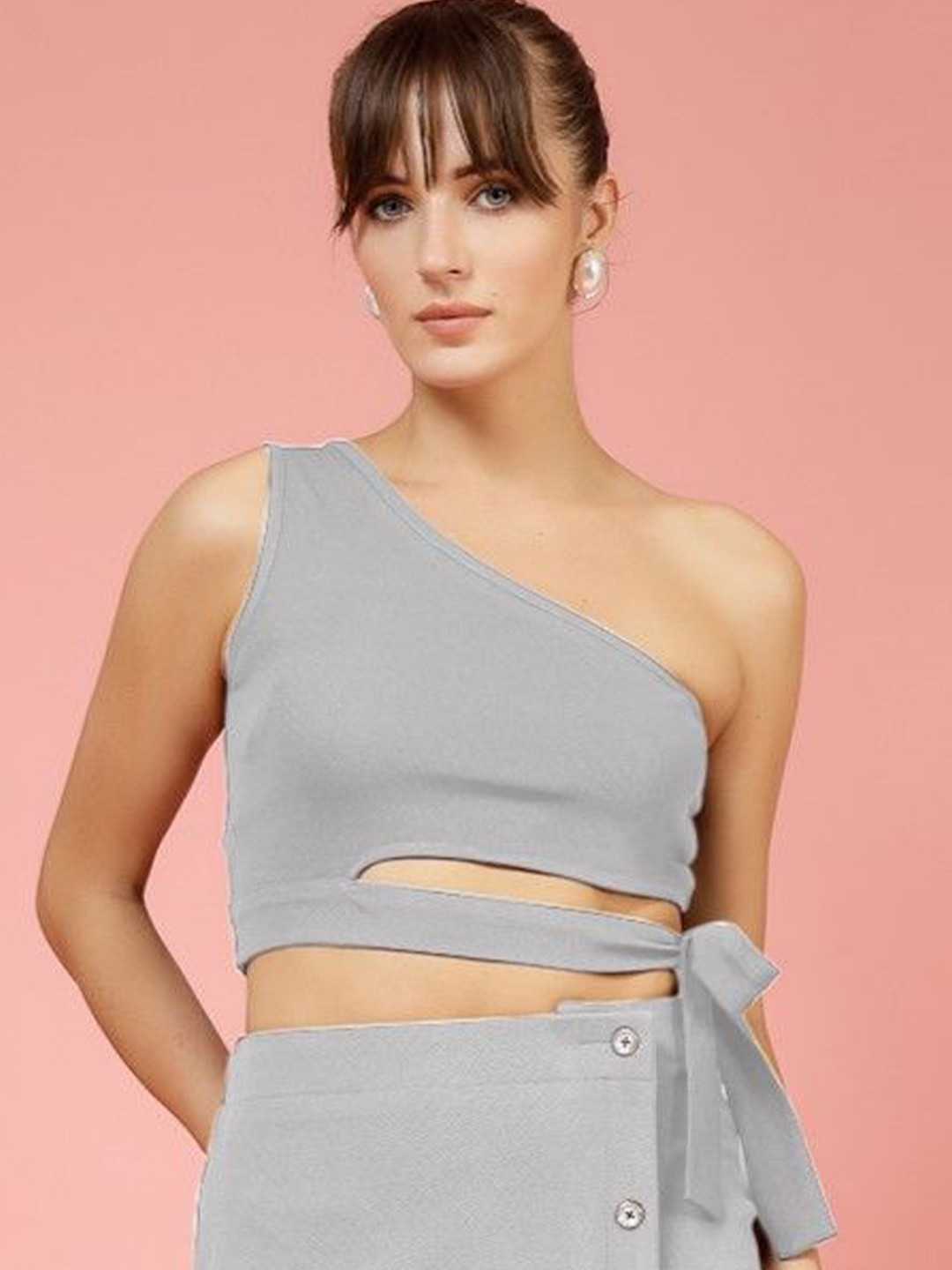 

Oomph! Women One Shoulder Sleeveless Crop Top, Grey