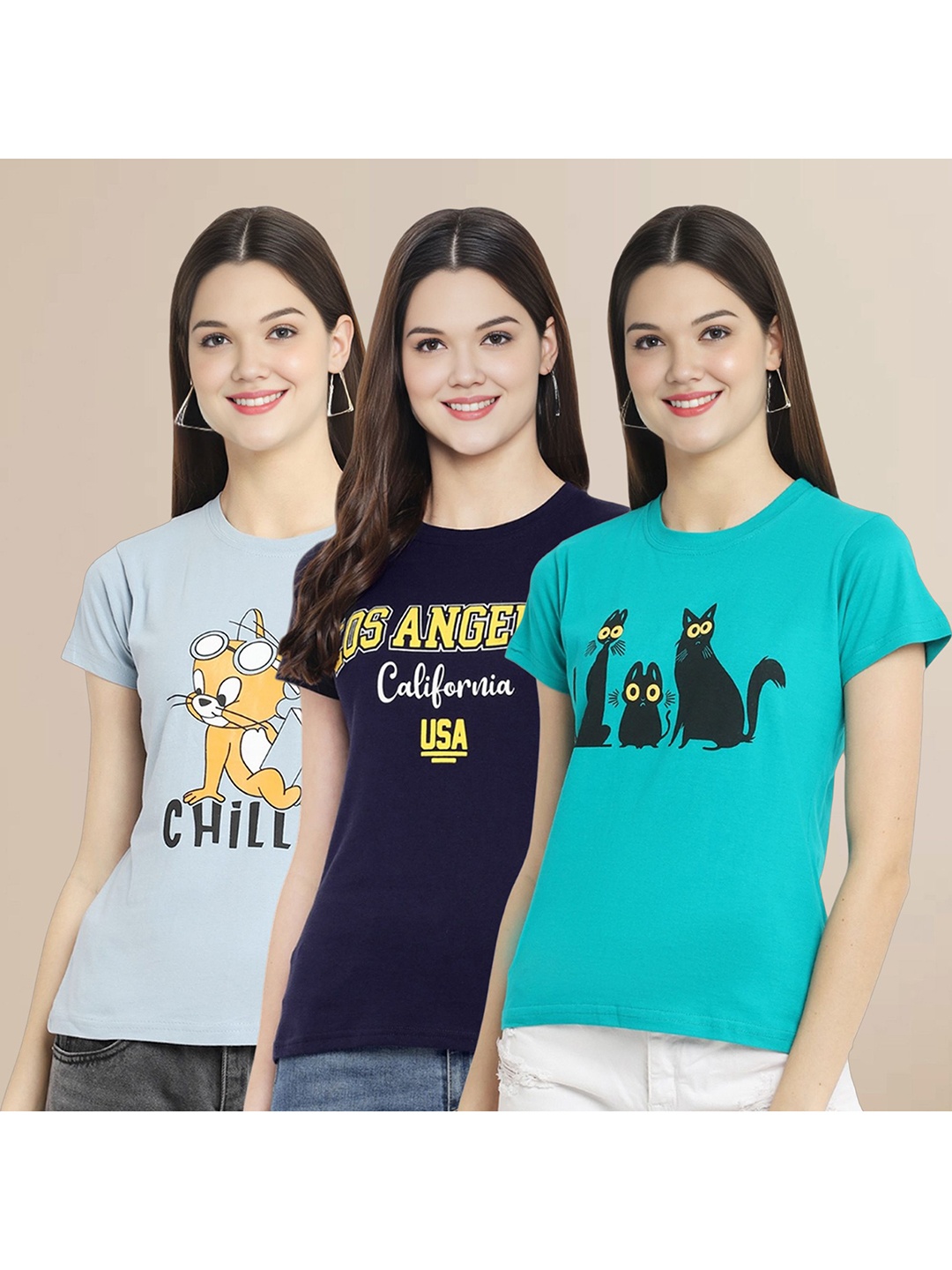 

Metronaut Women Pack Of 3 Graphic Printed Round Neck Cotton Tom & Jerry T-shirts, Blue