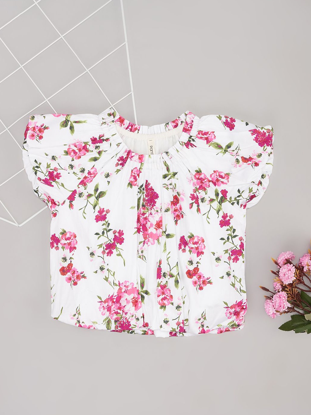 

Pantaloons Junior Girl's Floral Printed Pure Cotton Cap Sleeves Top, Off white