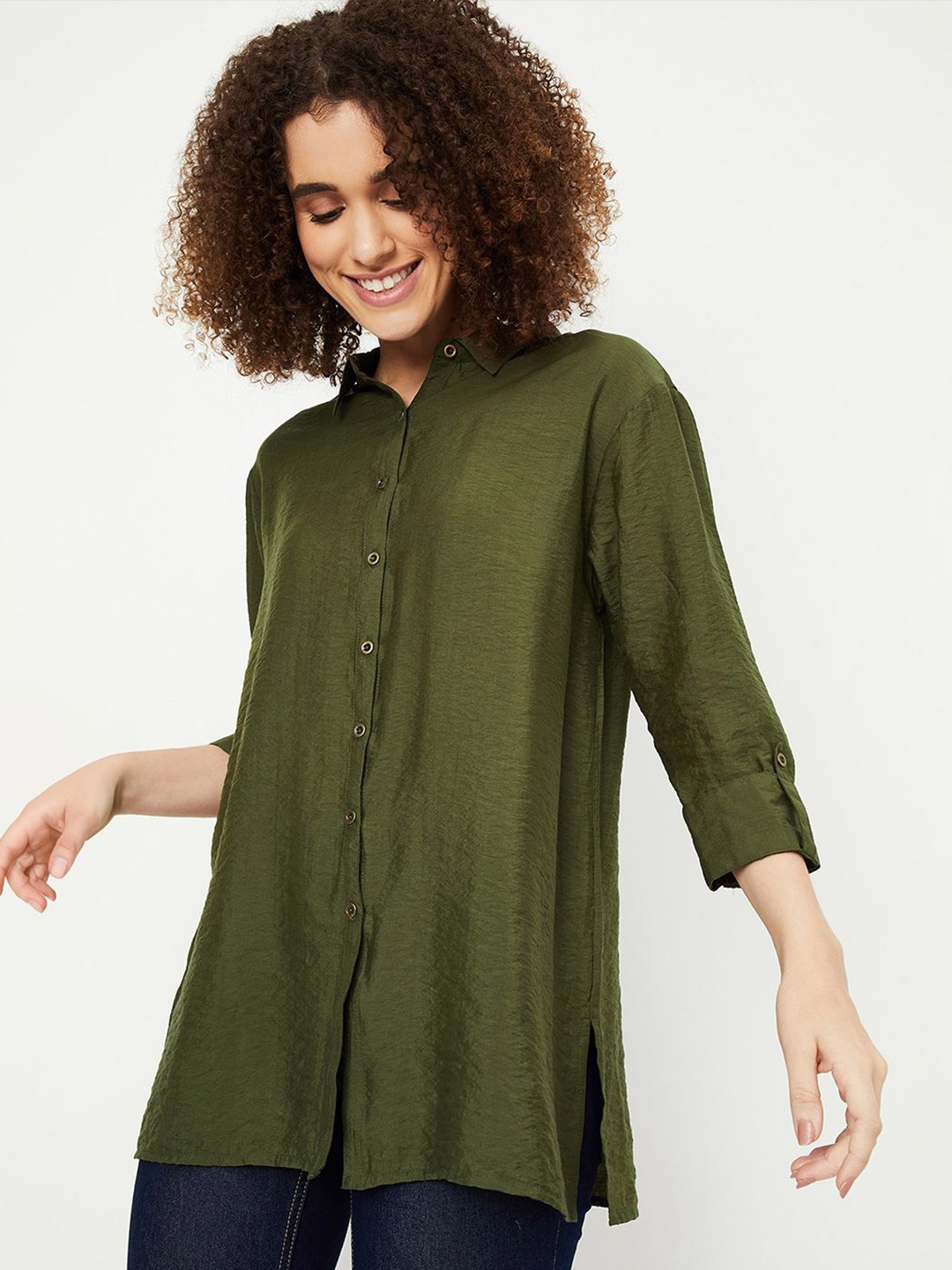 

max Women Spread Collar Roll Up Sleeves Casual Shirt, Green