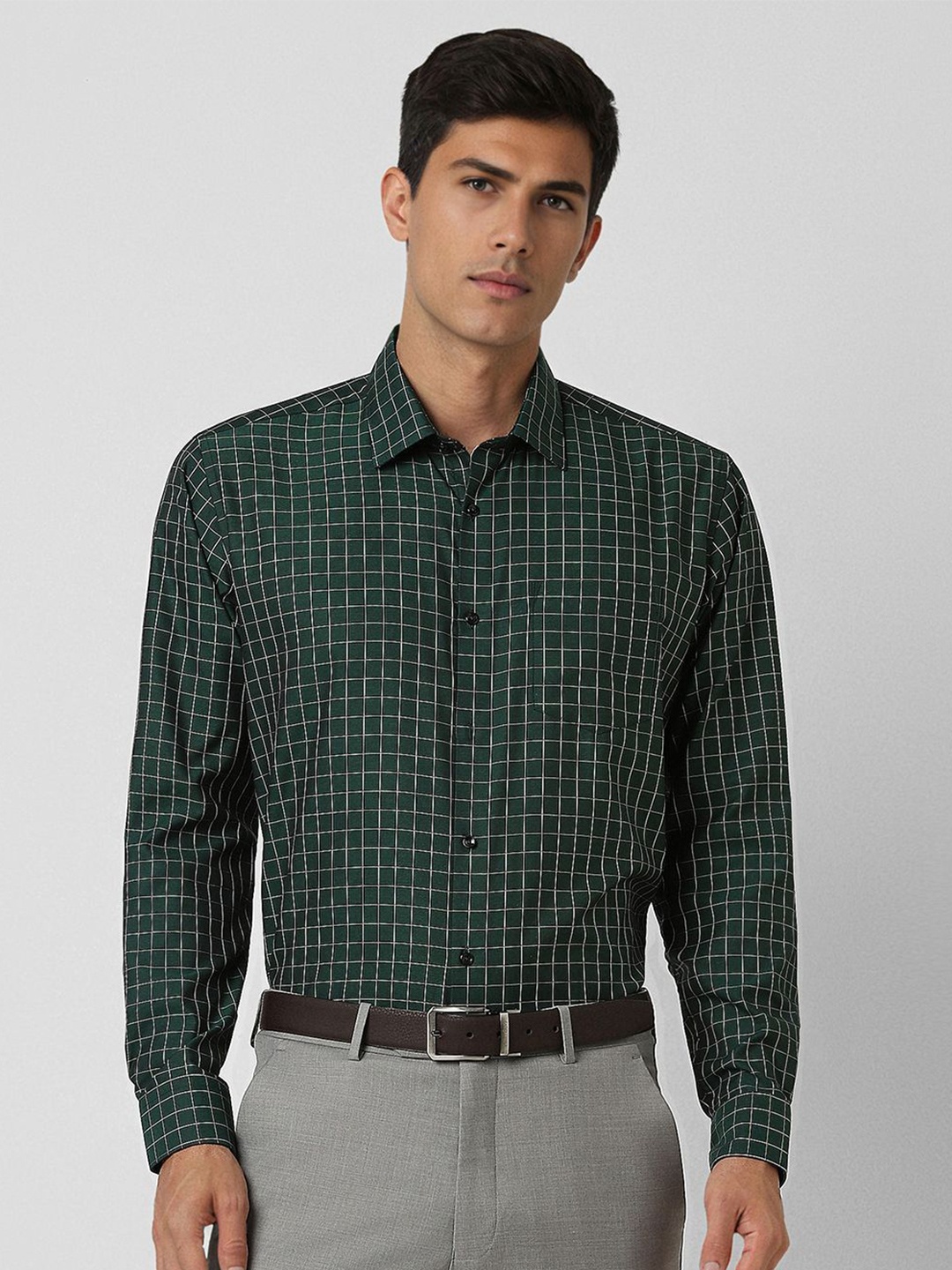 

Van Heusen Men Spread Collar Grid Tattersall Checked Cotton Formal Shirt, Green