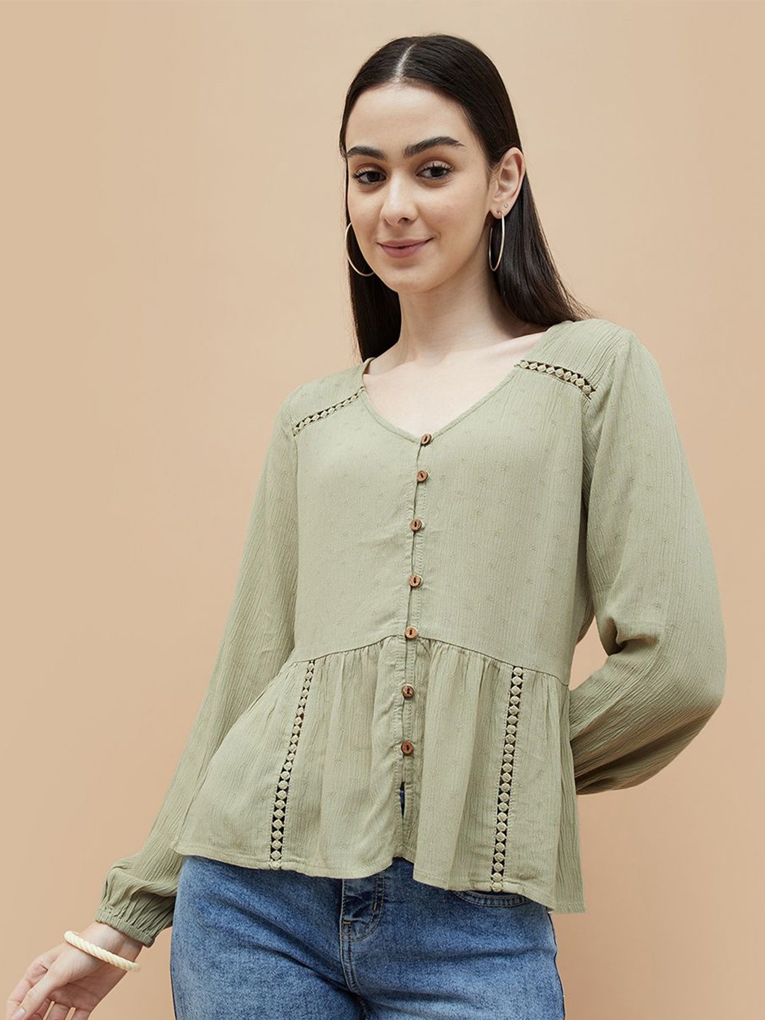

Fame Forever by Lifestyle Women V-Neck Puff Sleeves Top, Olive