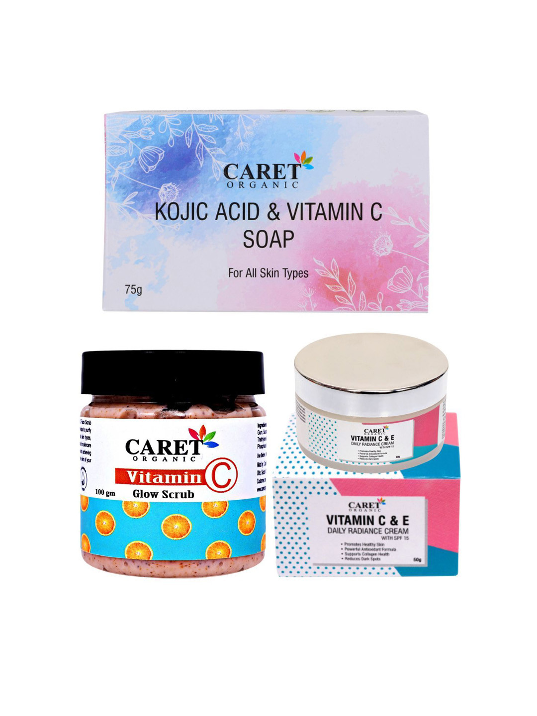 

CARET ORGANIC Set Of 3 Kojic Acid Soap With Vitamin C Glow Scrub & Radiance Cream, White