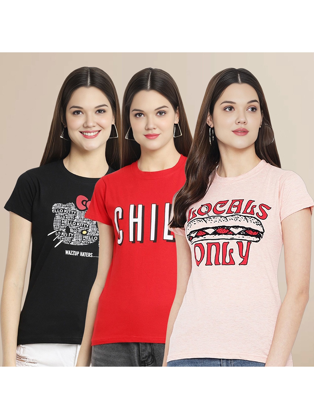 

Metronaut Women Pack Of 3 Typography Printed Round Neck Cotton T-shirts, Black