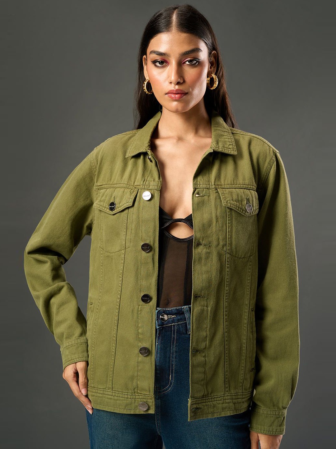 

FREAKINS Women Washed Denim Jacket with Embroidered, Green