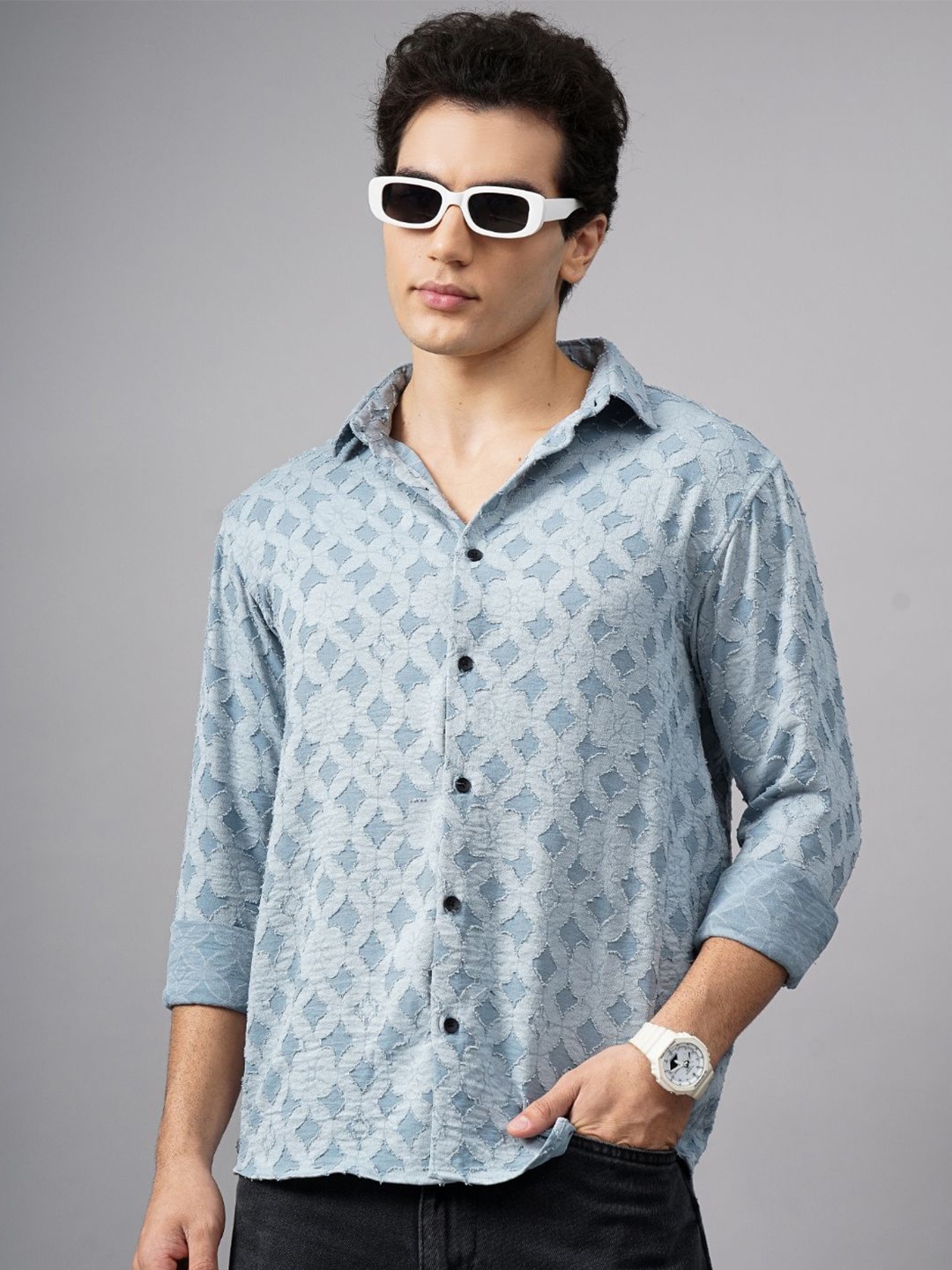 

PAUL STREET Men Relaxed Spread Collar Textured Relaxed Fit Casual Shirt, Blue