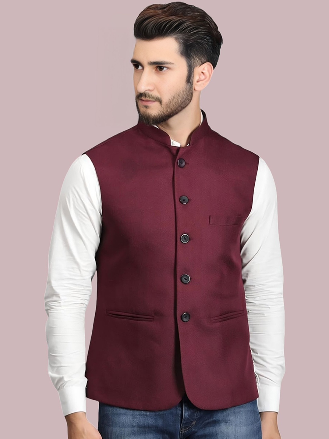 

BAESD Mandarin Collar Satin Nehru Jacket, Maroon