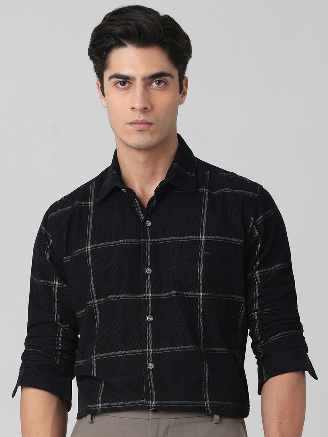 

Mufti Men Spread Collar Windowpane Checked Cotton Slim Fit Casual Shirt, Black