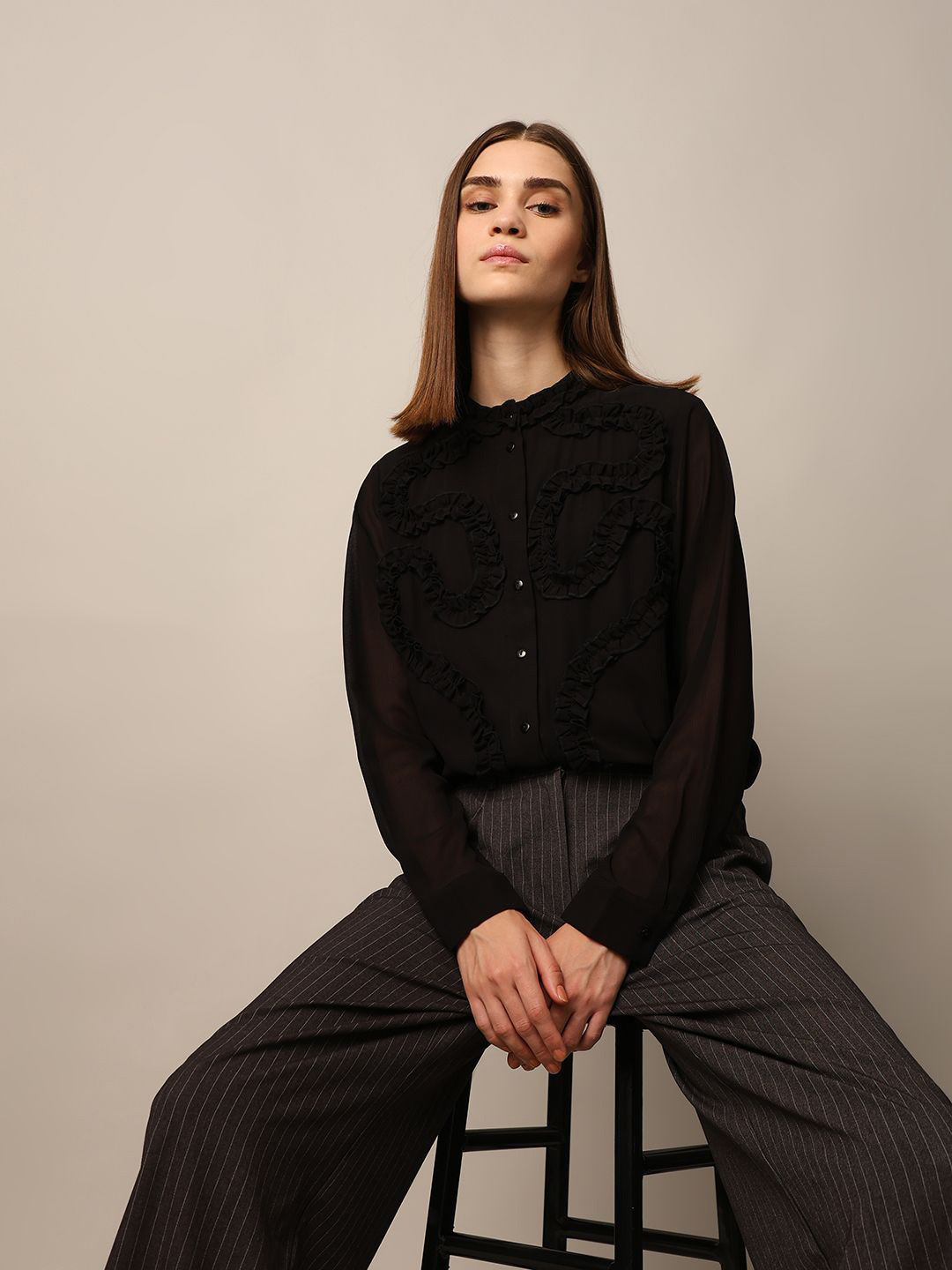 

ONLY Women Band Collar Textured Casual Shirt, Black