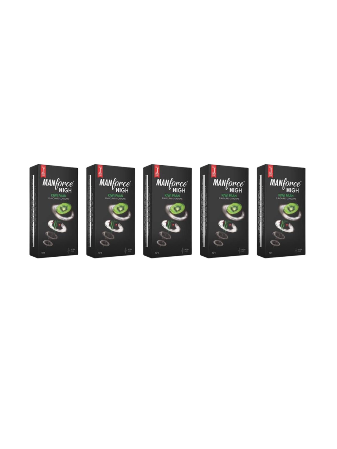 

Manforce Set Of 5 High Kiwi Paan Flavoured Lubricated Ultra Thin Condoms - 10 Pcs Each, Black