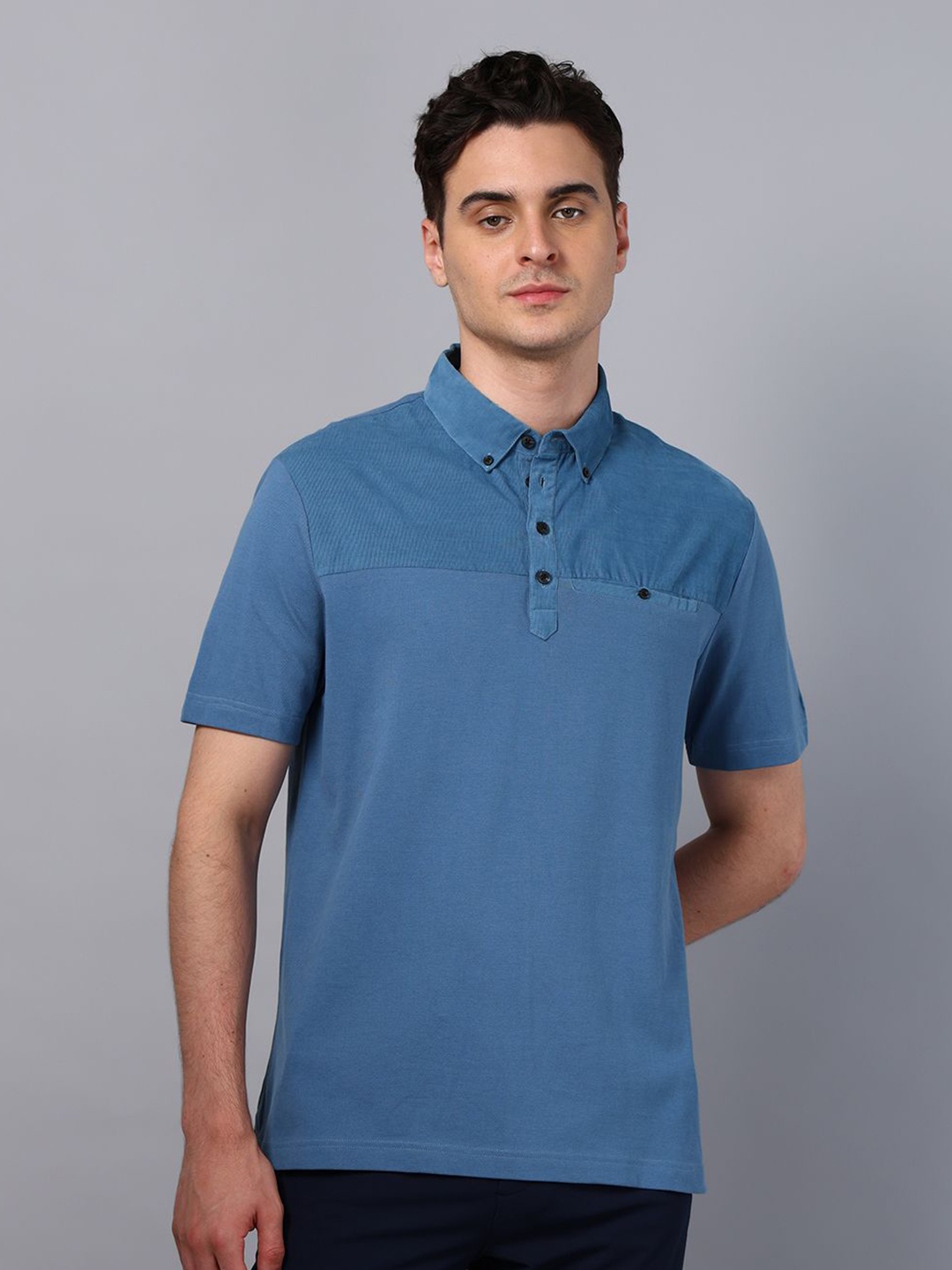 

Slowave Men Polo Collar Pure Cotton T-shirt, Blue