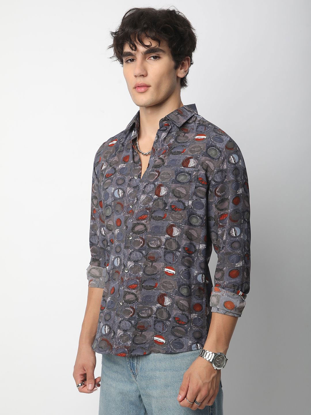 

VASTRADO Men Classic Spread Collar Abstract Printed Slim Fit Casual Shirt, Grey