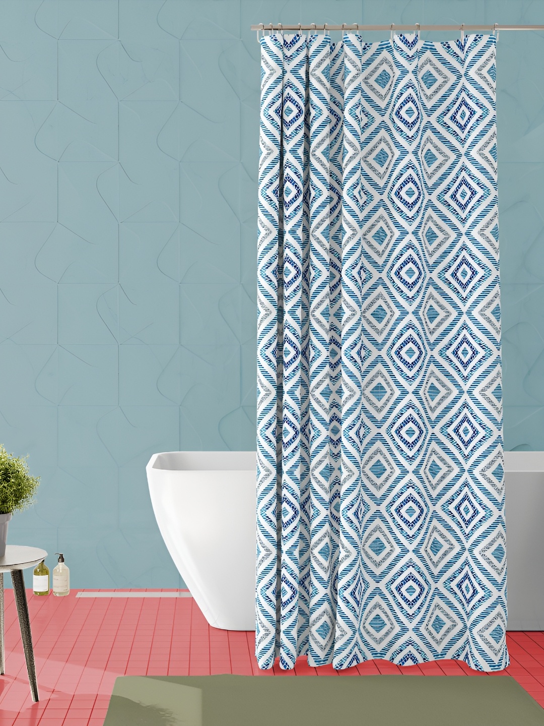 

ArtzFolio White & Blue Geometric Printed Waterproof Shower Curtain