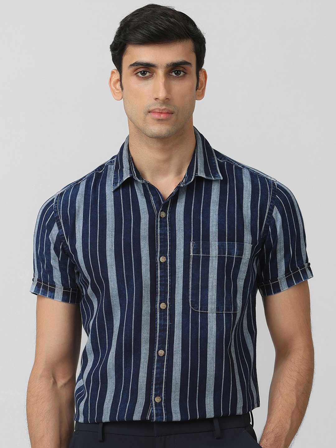 

Mufti Men Spread Collar Vertical Striped Cotton Slim Fit Casual Shirt, Blue