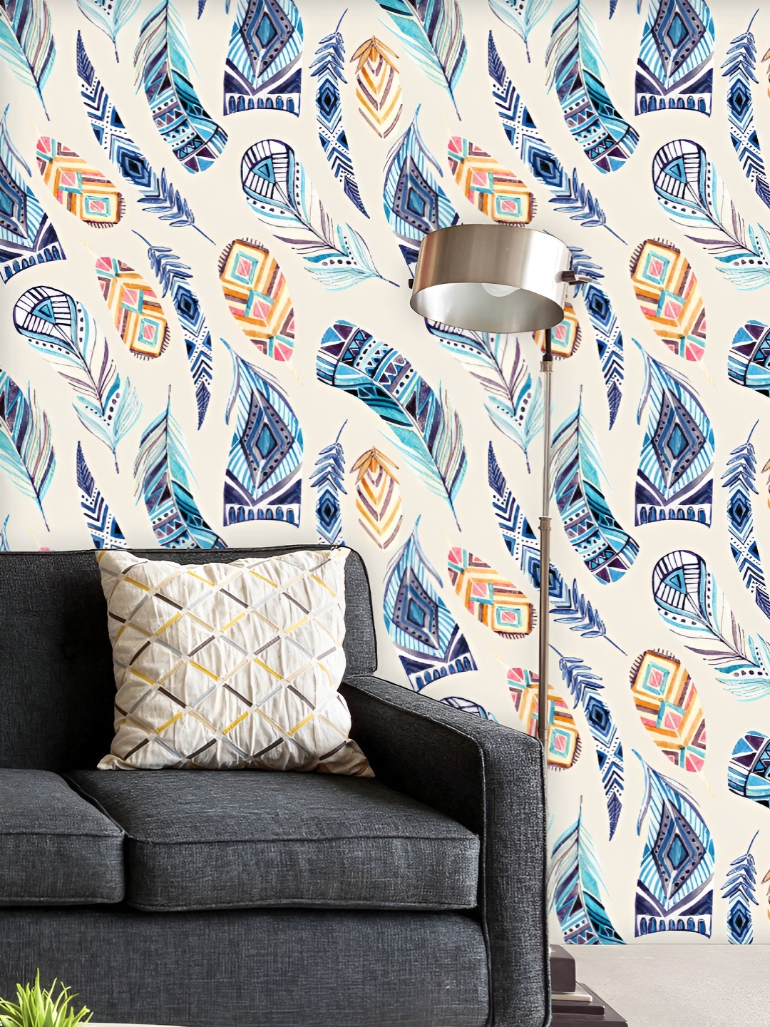 

ArtzFolio Printed UV-Resistant Anti-Bacterial Watercolor Tribal Feathers Peel & Stick Wallpaper, Multi